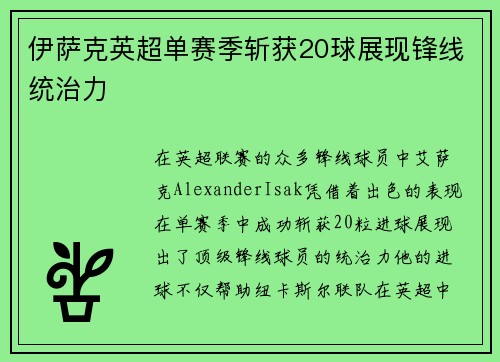 伊萨克英超单赛季斩获20球展现锋线统治力